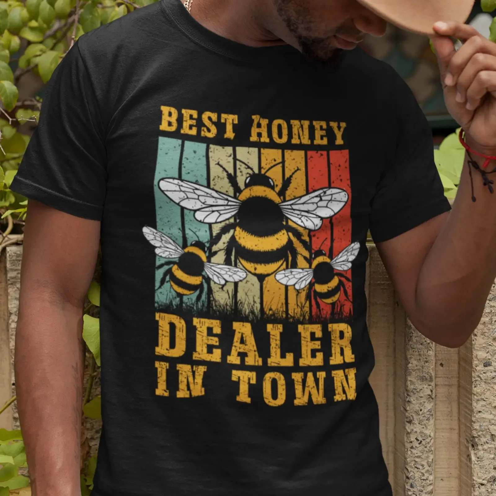 Best Honey Dealer In Town Retro Bumblebee T shirt Men's Vintage Striped Beekeeper  vintage Washed fashion Comfortable Versatile