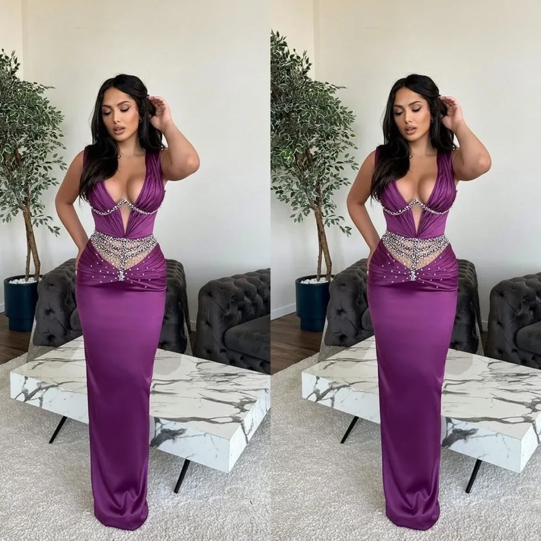 

Elegant Purple Size Sheath Dresses For Women Deep V Neck Beaded Evening Pageant Gowns Celebrity Party Dress Customized