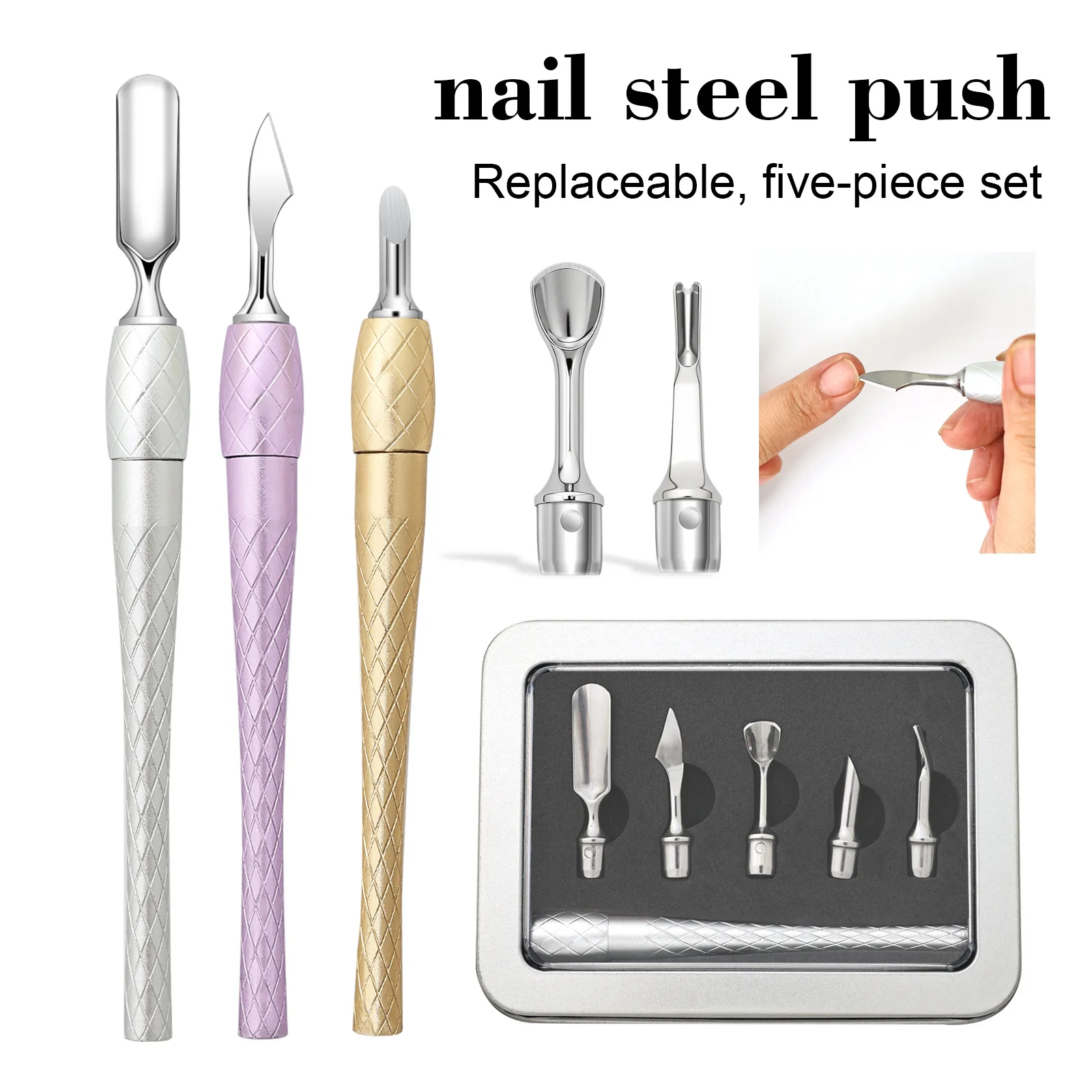 5 Types Replace Head Cuticle Pusher Nail Polish Remover Gel Nail Peeler Scraper Stainless Steel Clean Manicure Tool for Nail Art