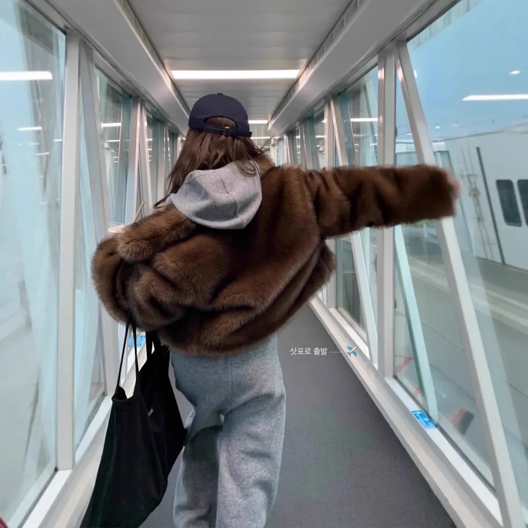 Moda feminina inverno casaco de pele de vison gradiente gola curta imitação de pele outwear elegante solto senhora eco pele jaqueta