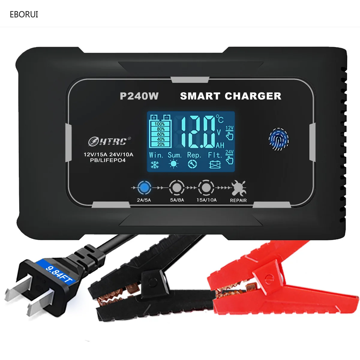 EBORUI P240W 12V15A Smart Battery Charger Automatic Pulse Repair Charge for Lead-Acid Lithium LiFePO4 Battery Car Motorcycle