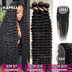 Deep Wave Menselijk Haar Bundels met Sluiting 4x4 13x4 HD Kant Braziliaanse Remy Onverwerkte Weven Krullend Haar Bundels Extensions Deal