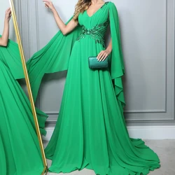 V-Neck Ribbons Sweep Train Solid Color Jersey Appliques Floor Length Saudi Arabia Dresses For Formal Occasions Classic Celebrity