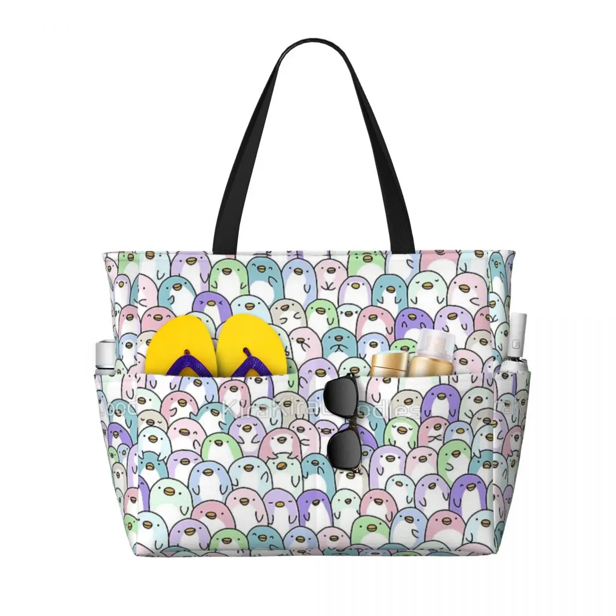 

Penguin Snuggles Beach Travel Bag, Tote Bag Trendy Shopping Travel Birthday Gift Multi-Style Pattern