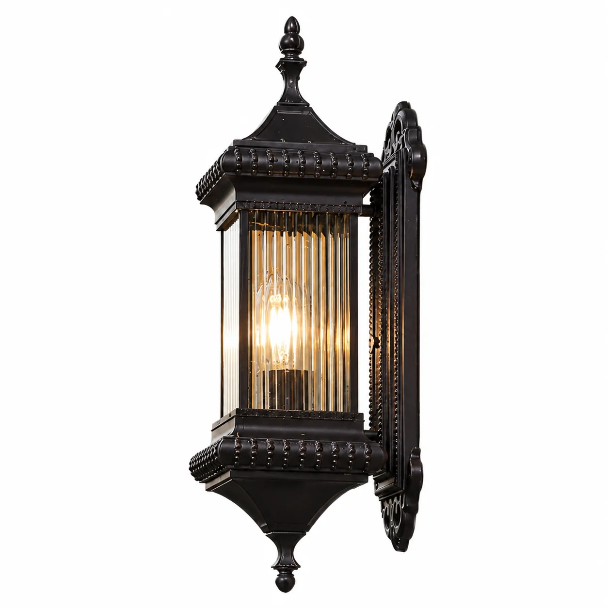 Vintage Lantern Outdoor Wall Light, Black Metal Ribbed Glass Porch Sconce E27 for Garden Patio Villa Entrance
