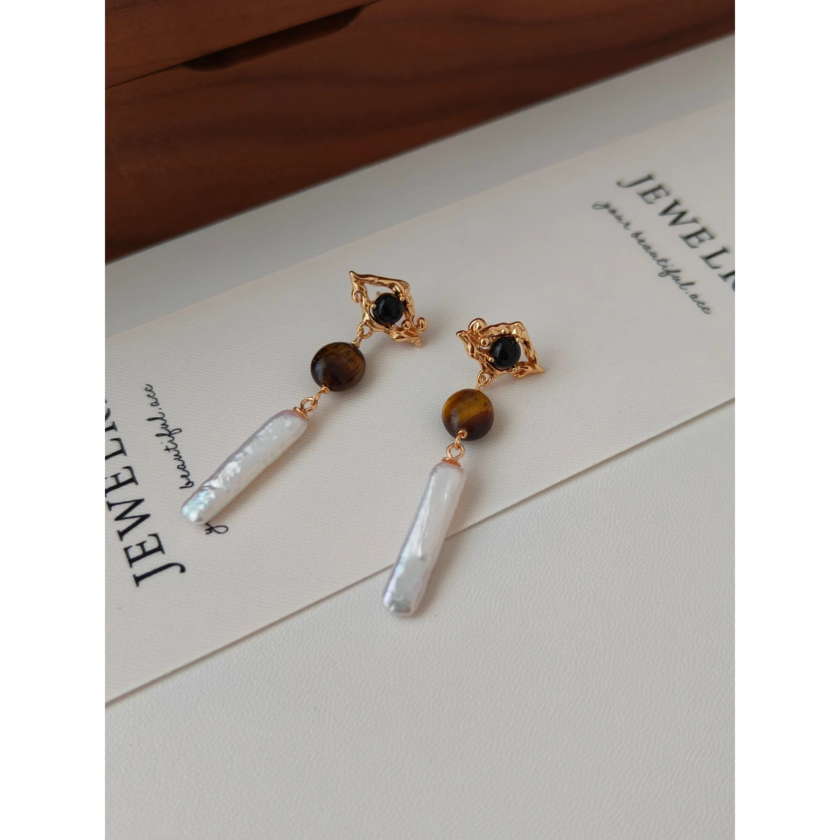 NEW  Full S925 Pure Silver Plated 18k Gold | Natural Pearl | Tiger Eye Stone | Black Agate Earrings 100674