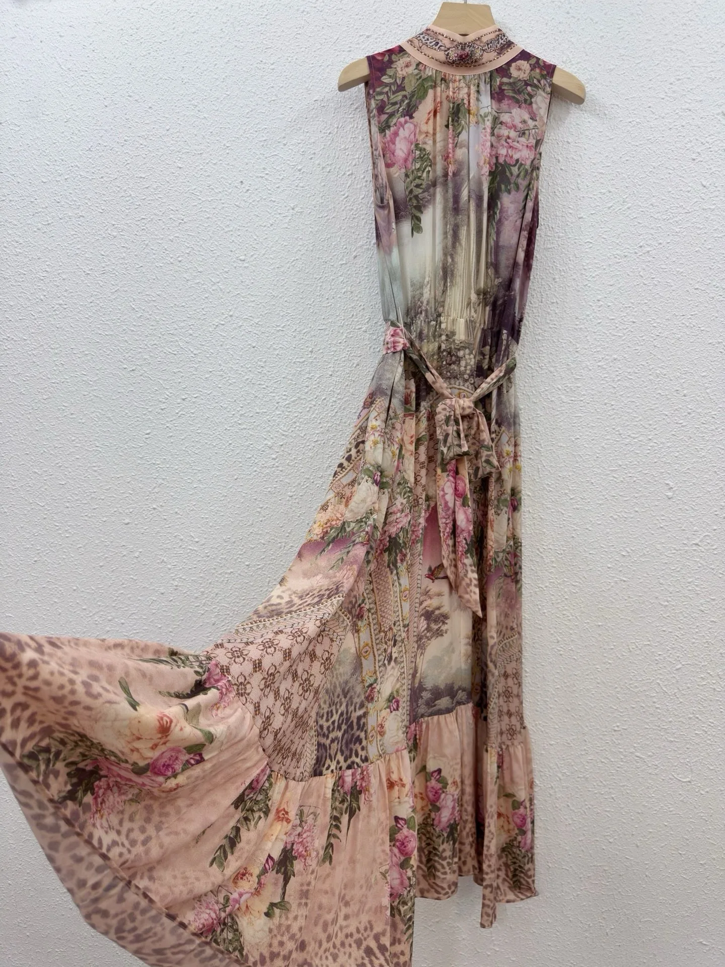 

Bohemian Floral & Leopard Print Midi Dress for Women High Neck Sleeveless Belted Waist Tiered Ruffle Hem Elegant Chiffon Dress