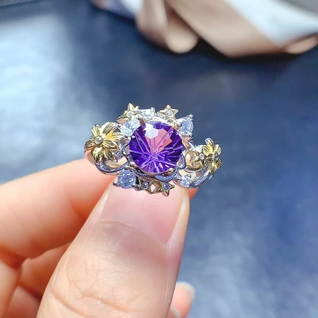 

Кольцо из серебра 925 пробы в стиле барокко, кольцо с натуральным аметистом, 7 мм, ювелирные изделия с аметистом 1 карат и позолотой 18 карат