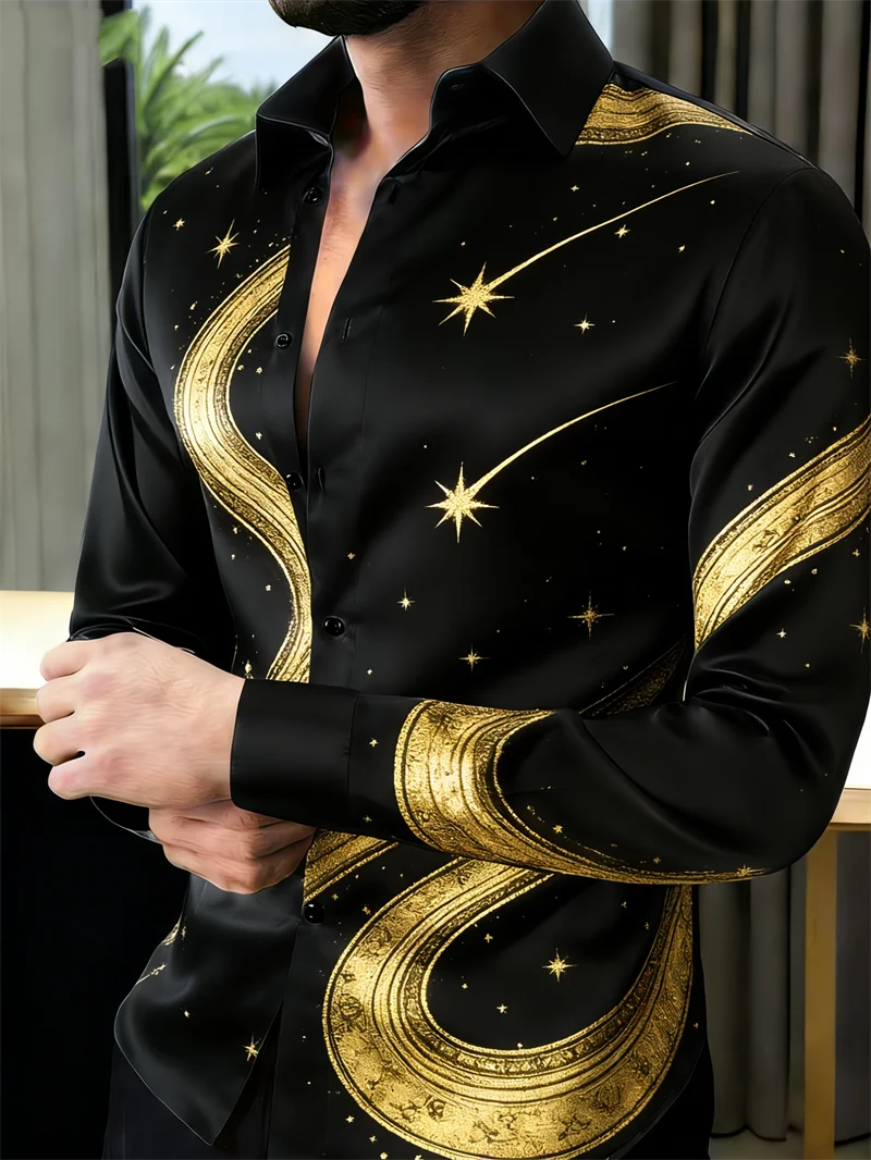 

New 11 color men's long sleeved shirt with gold 3D printing, fashionable starlight pattern, luxurious shirt style