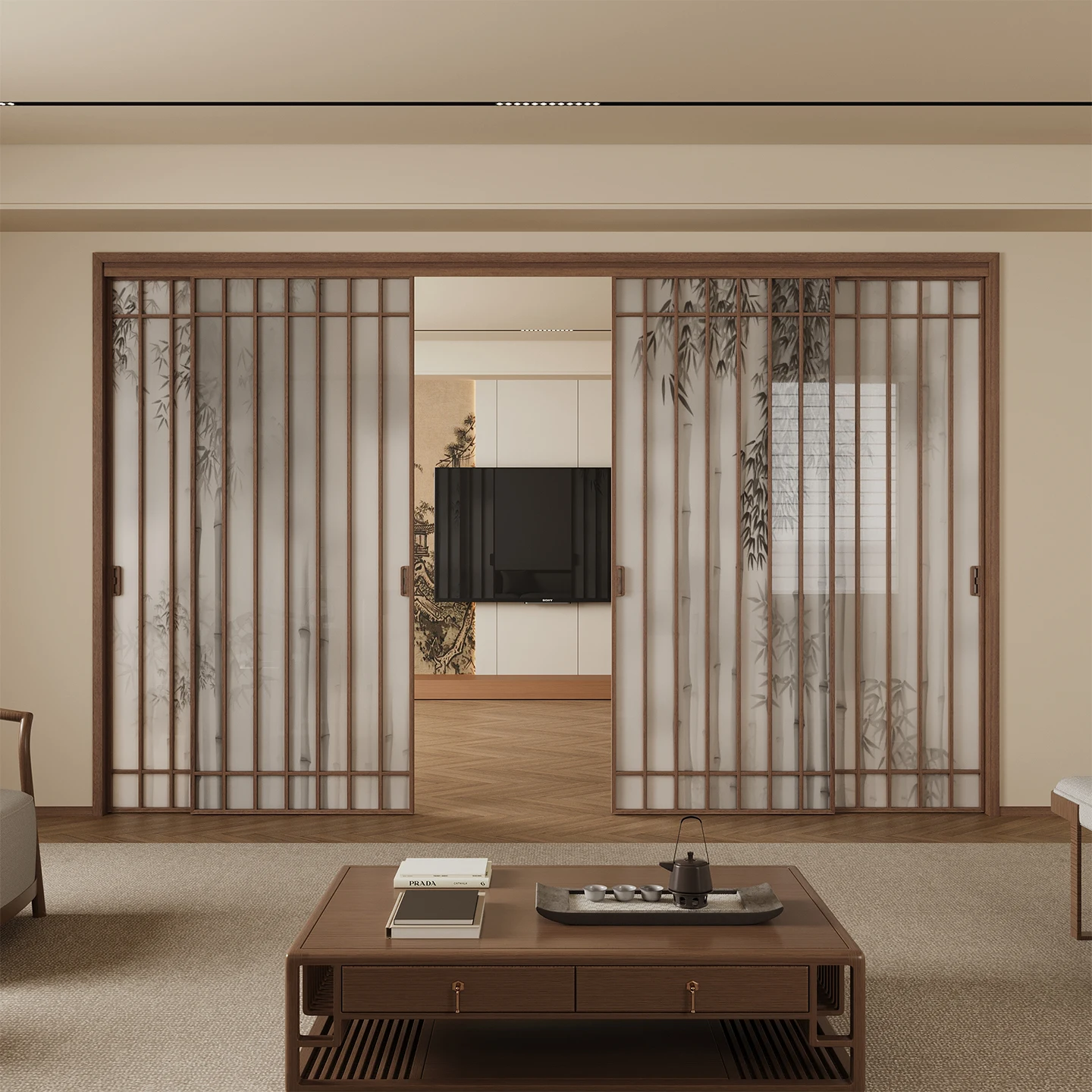 

Kitchen sliding door Song's aesthetics bamboo shadow grille glass balcony living room antique three linkage partition sliding