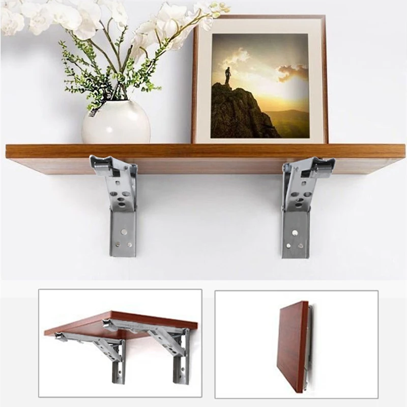 New 2PCS Folding Shelf Brackets 8-14inch Heavy Duty Stainless Steel Collapsible Shelf Table Work Space Saving DIY Bracket 2023