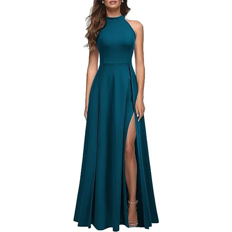 Off Shoulder Halter Neck Dress Maxi Length Professional with Crew Neck Long One Elegant Zipper Oversized Pleated Dress for Women