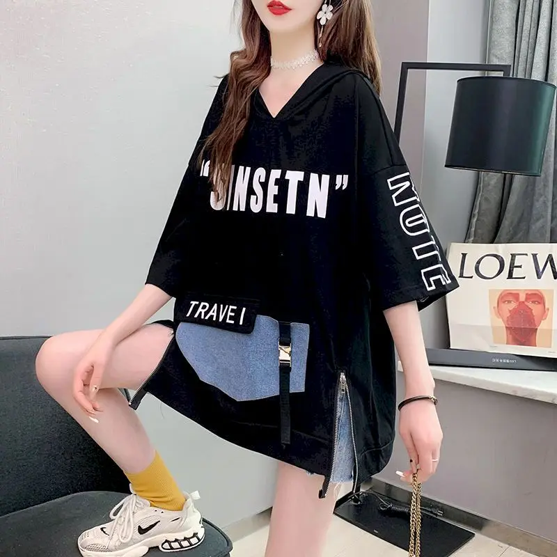 Design Sense Split Short-sleeved T-shirt Women Korean Large Size Five-point Sleeves Hoodie Loose Mid-length Hooded Tops Summer