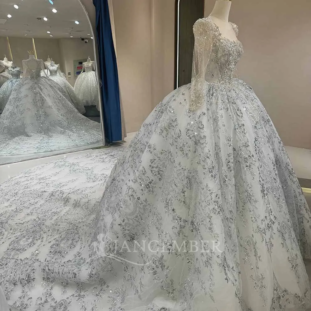 فساتين زفاف مخصصة ترتر فستاين سهرة/فساتين الحفلات الزفاف س الرقبة طويلة الأكمام الدانتيل حتى الظهر الأميرة فستان عروس Vestido De Noiva