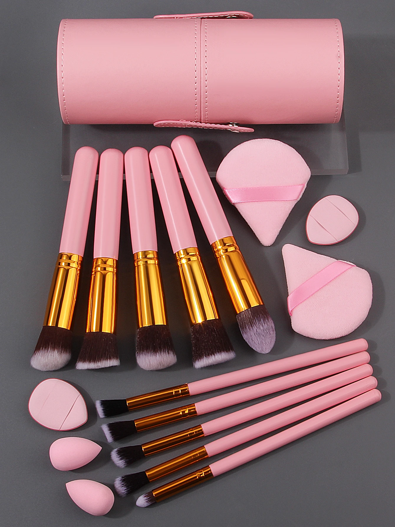 10 Make-up-Pinsel + 2 Mini-Beauty-Eier + 4 dreieckige/Daumen-Puderquasten + Aufbewahrungseimer – ein komplettes Set täglicher Make-up-Werkzeuge