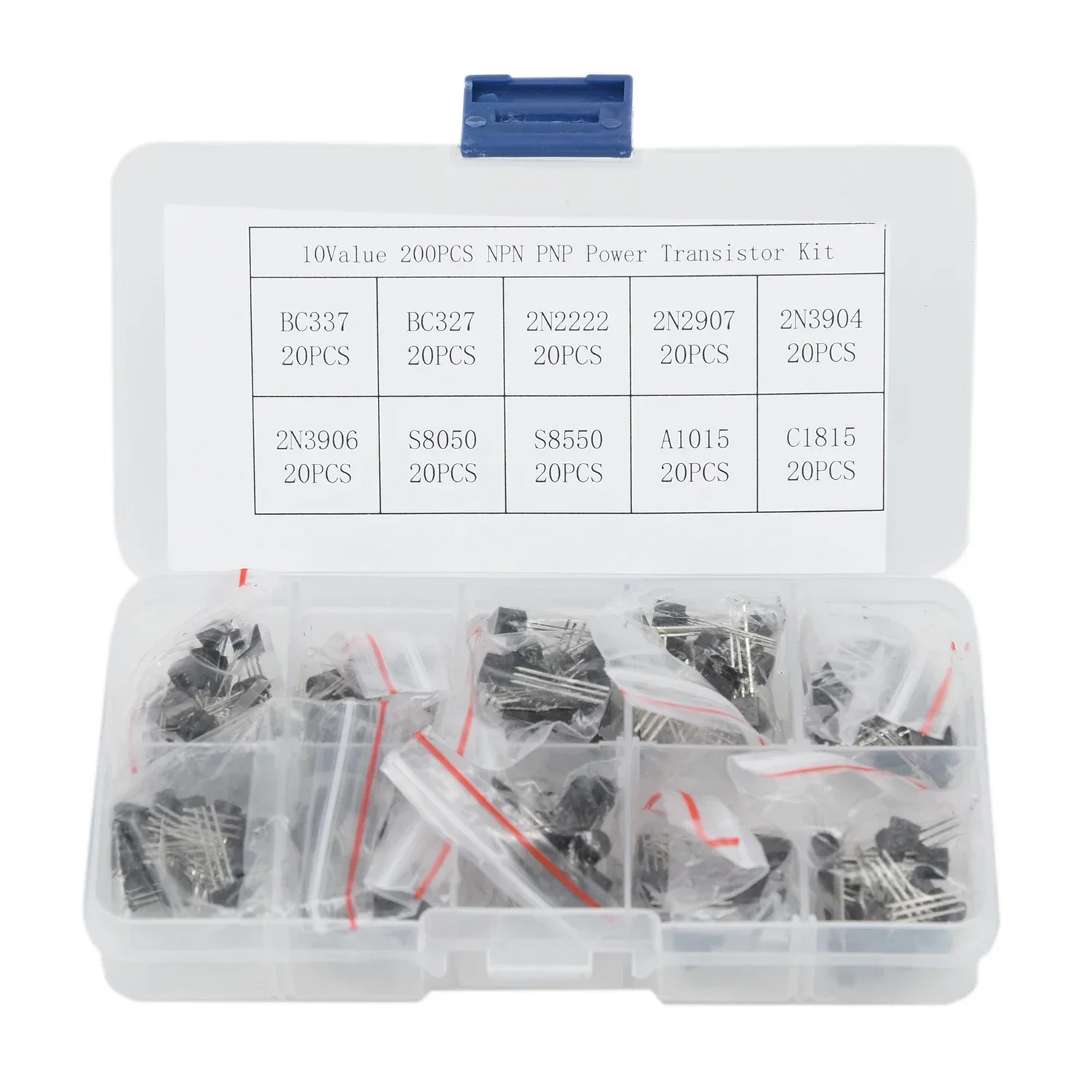 20Pcs 10Types Electronic Components Kit Box Set BC337 BC327 2N2222 2N2907 2N3904 2N3906 S8050 S8550 A1015 C1815 transistors