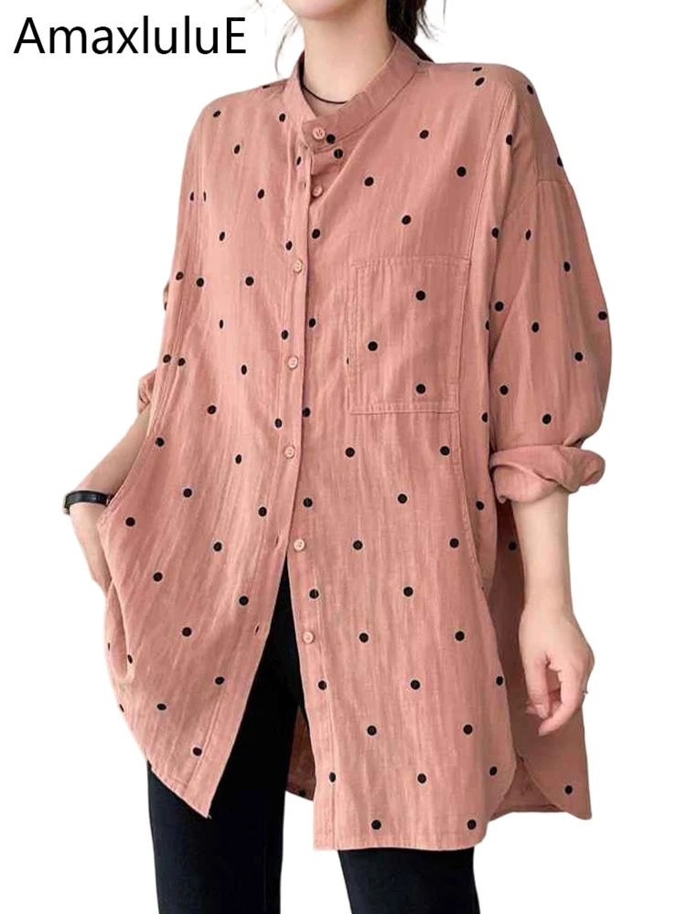 

Amax LuluE Korean Design Vintage Dot Tops Womens Spring Classic Fashion Loose Shirts Ladies Leisure Elegant Cotton Linen Blouses