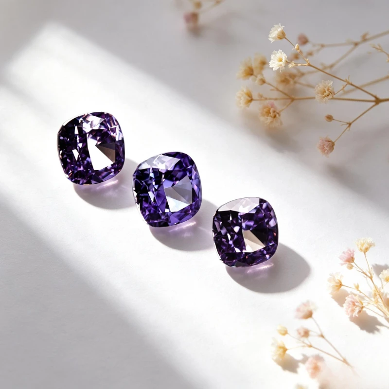 Kubisches Zirkonium, Crushed-Ice-Schliff, quadratische Kissenform, lila Farbe, 5A+ Qualität, CZ, 4K-Schliff, hochkarätiger Diamant – Detail 5