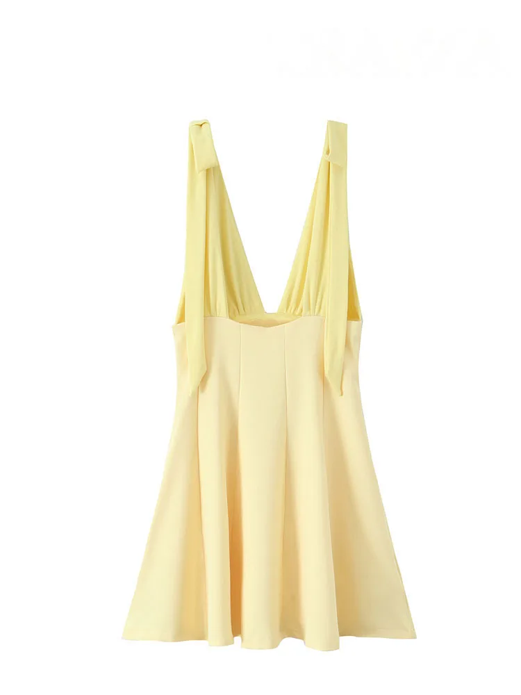 HH dames zomer nieuwe mode slanke mini-jurk geel v-hals mouwloos rugloze rits versieren vrouwelijke sexy chique jurken