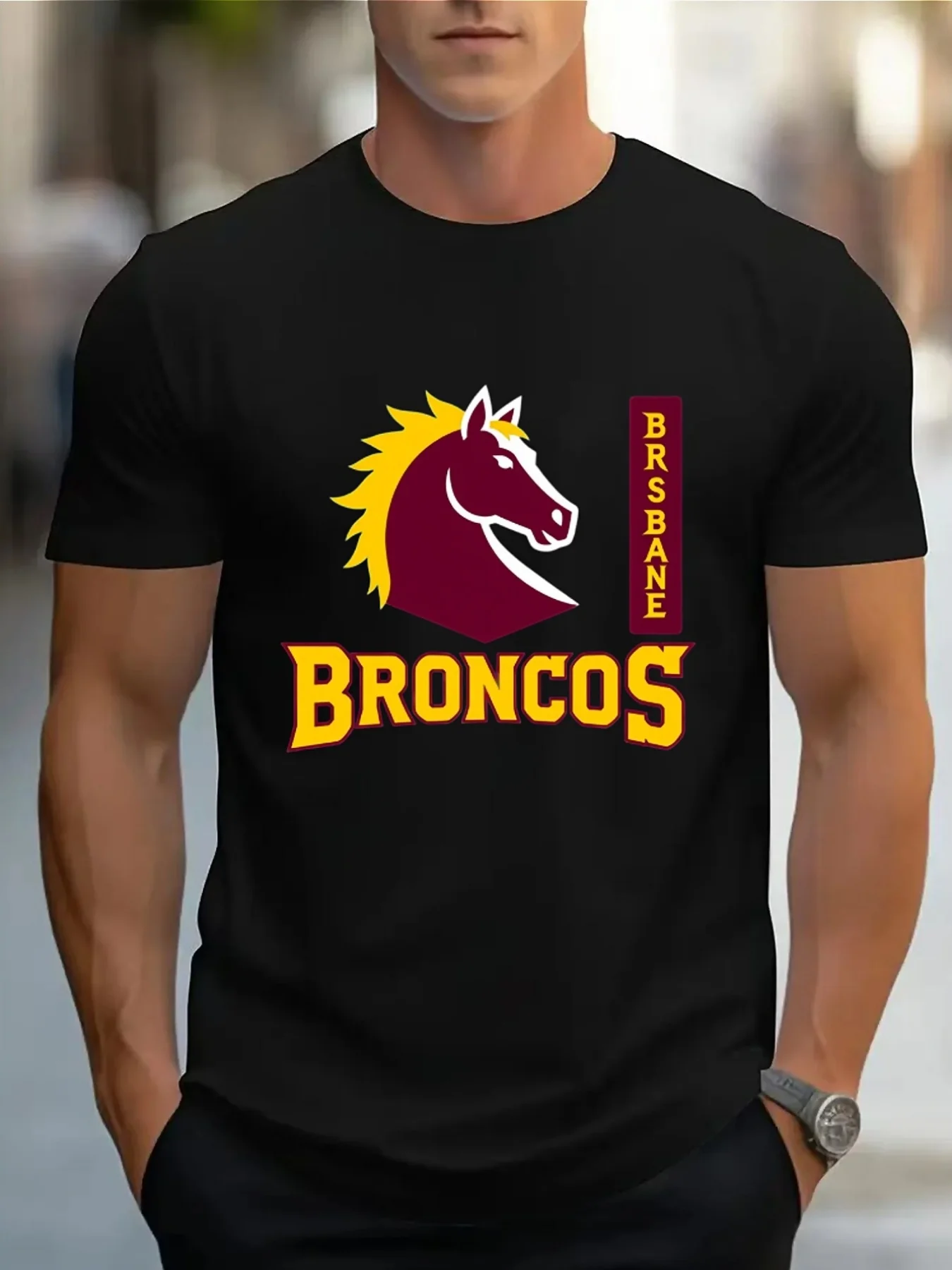 

Men's Bronco Horse Graphic T-Shirt, Retro Yellow & Red Print Cotton Tee, Soft Stretch Casual Summer Gym Shirt