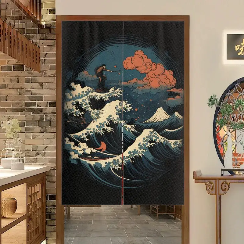 VIKAMA Japanese Wave Landscape Door Curtain Lotus Landscape Sea View Kitchen Entrance Partition Curtain Home Decoration