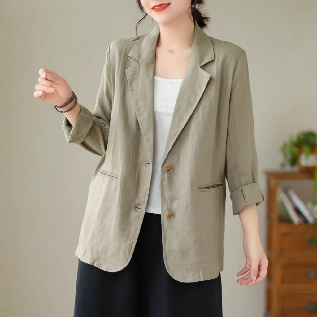 

Женский повседневный маленький костюм из хлопка и льна, пальто High Sense, осенняя новая модная верхняя одежда больших размеров с длинными рукавами