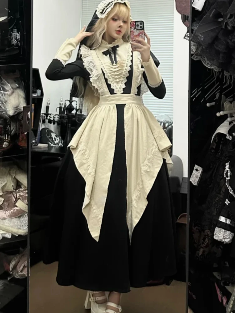 

Осеннее готическое платье горничной в стиле Лолиты, стиль ведьмы, наряды для косплея с длинными рукавами, классический кружевной фартук, костюм, женская элегантная праздничная одежда