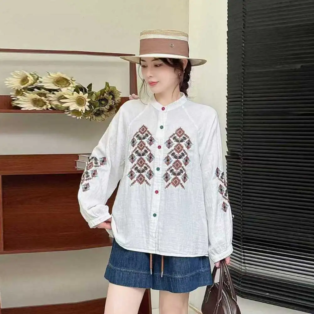 

Японские рубашки с вышивкой в этническом стиле Mori Girl, женские осенние новые повседневные свободные блузки с воротником-стойкой и длинными рукавами, топы