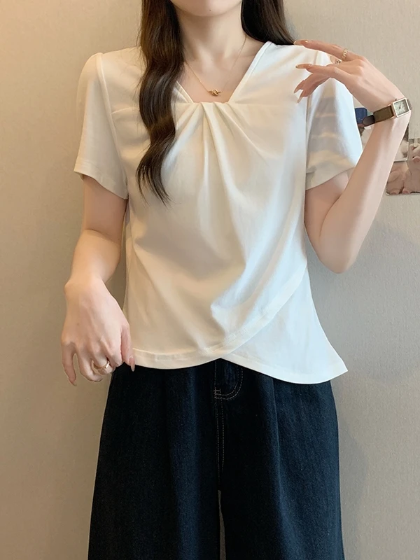 Light Purple V-Neck Short Sleeve T-Shirt Women's plus Size Loose Fit Korean Style Commute Fashion Summer Top Casual Shirt