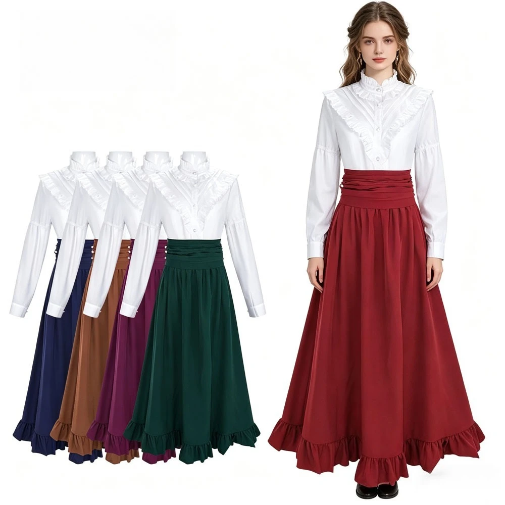 

Victorian Vintage Costume for Women Medieval Gothic Ruffle Dress Cosplay Renaissance Long High Waist Skirt Stage Party Gown