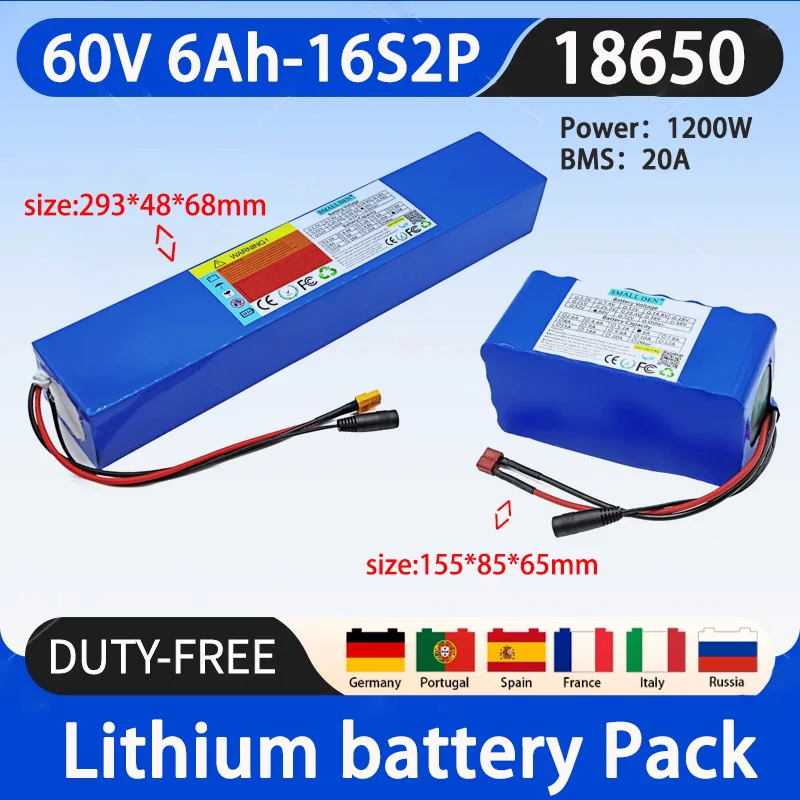 

60V 6Ah 16S2P 186500 original large capacity lithium battery 1200W high-power power supply, built-in 20ABMS+2A charger