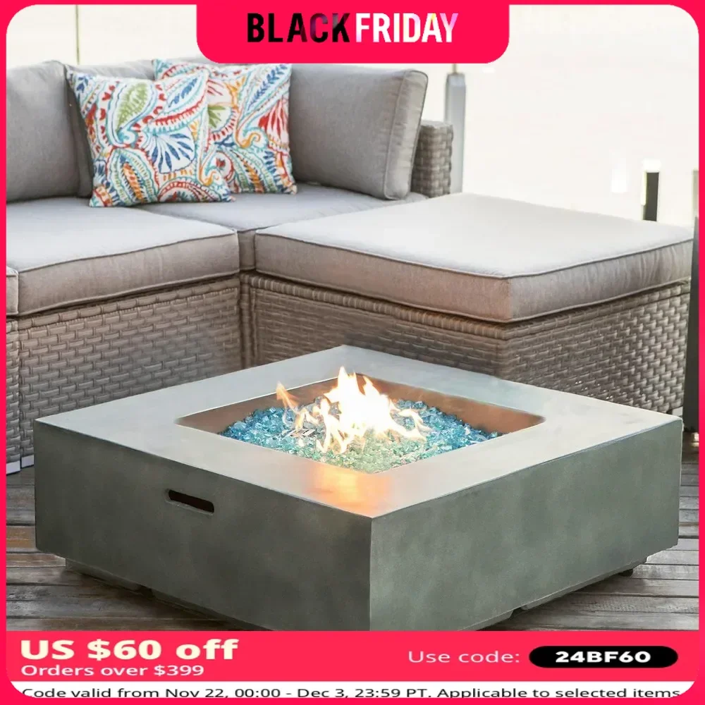 Fire Pit Coffee Table with Square Faux Stone 35inch Planter Base Free Lava Rocks and Waterproof Cover Outdoor Propane Fire Pit