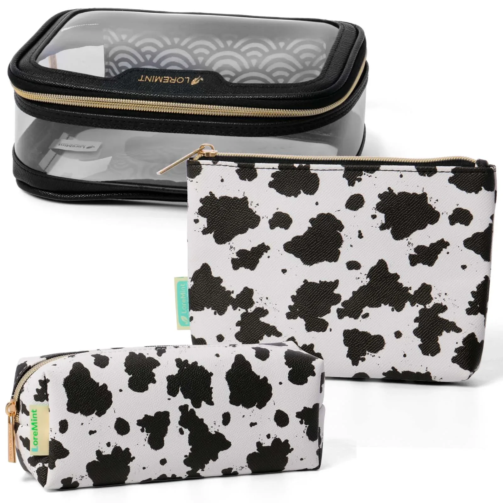 3Pcs Cow Print Travel Wash Bag Set Clear Cosmetic Organizer Makeup Brush Pouches
