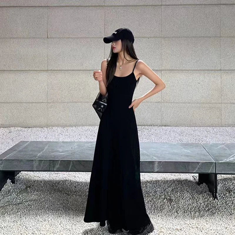 MEXZT Y2K Black Strap Long Dress Women Streetwear Sleeveless One Pieces Dresses Korean Bodycon Sundress Summer Elegant Vestidos