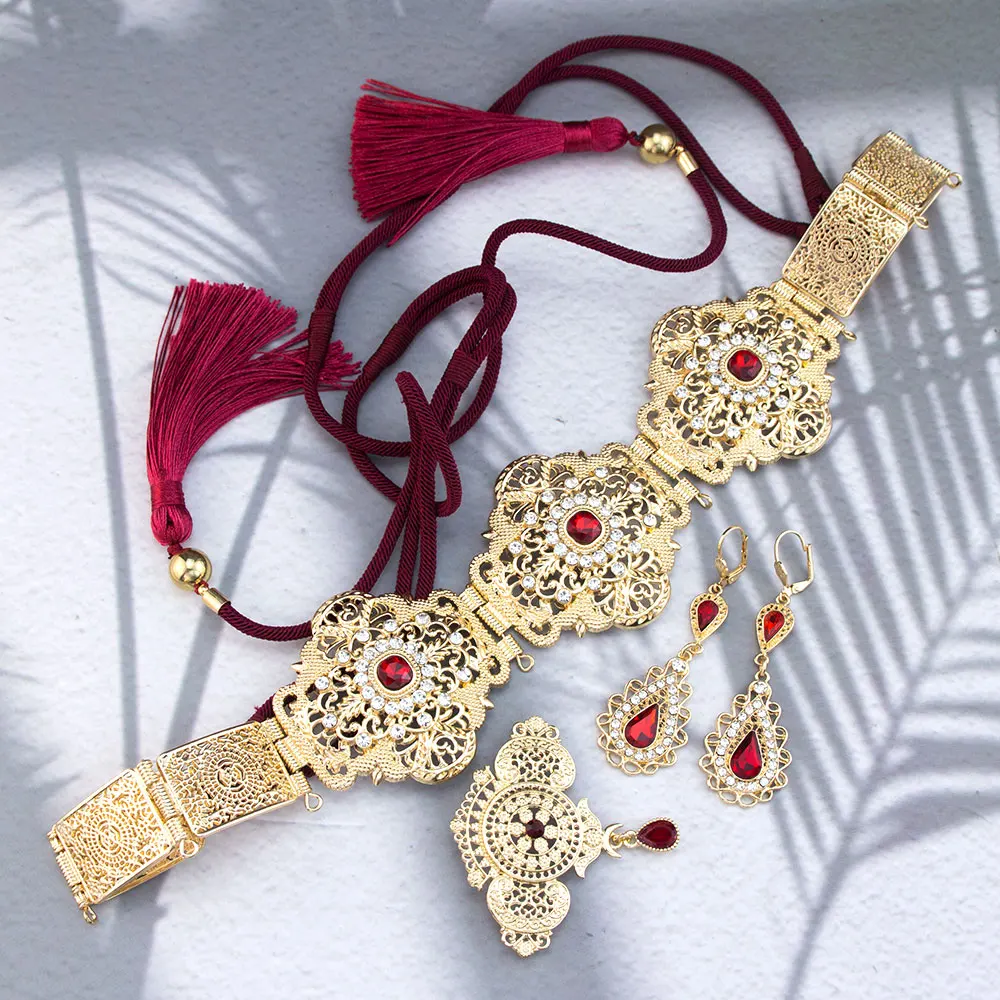 เข็มขัดแต่งงานคริสตัลแบบยาวประดับคริสตัลสำหรับเจ้าสาว  งานแต่งงาน  ปีใหม่  เครื่องประดับเชือกคล้องมือ  สายคาดเอว  ต่างหูยาว  เข็มกลัดสไตล์ชาติพันธุ์  ซันสปิคส์เมส  แอลจีเรีย  โมร็อกโก