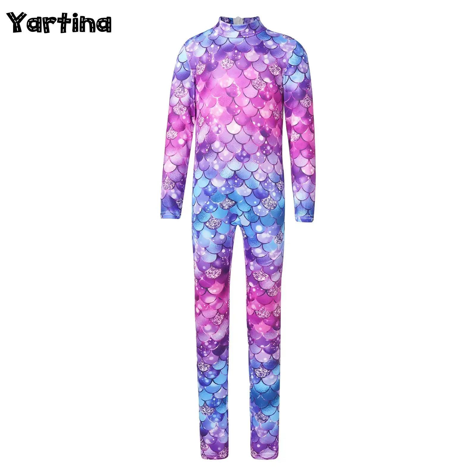 

Kids Girls Stretchy Fish Scale Mermaid Jumpsuit Cosplay Outfits Full Length Long Sleeve Ballet Unitard Bodysuit Leotard Costume