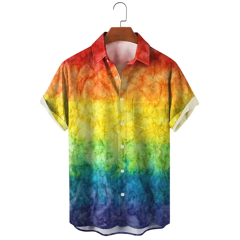 

2025 Men's Harajuku Rainbow 3D Print Shirt Anime Art Short Sleeve Oversized Streetwear Summer Color Burst​
