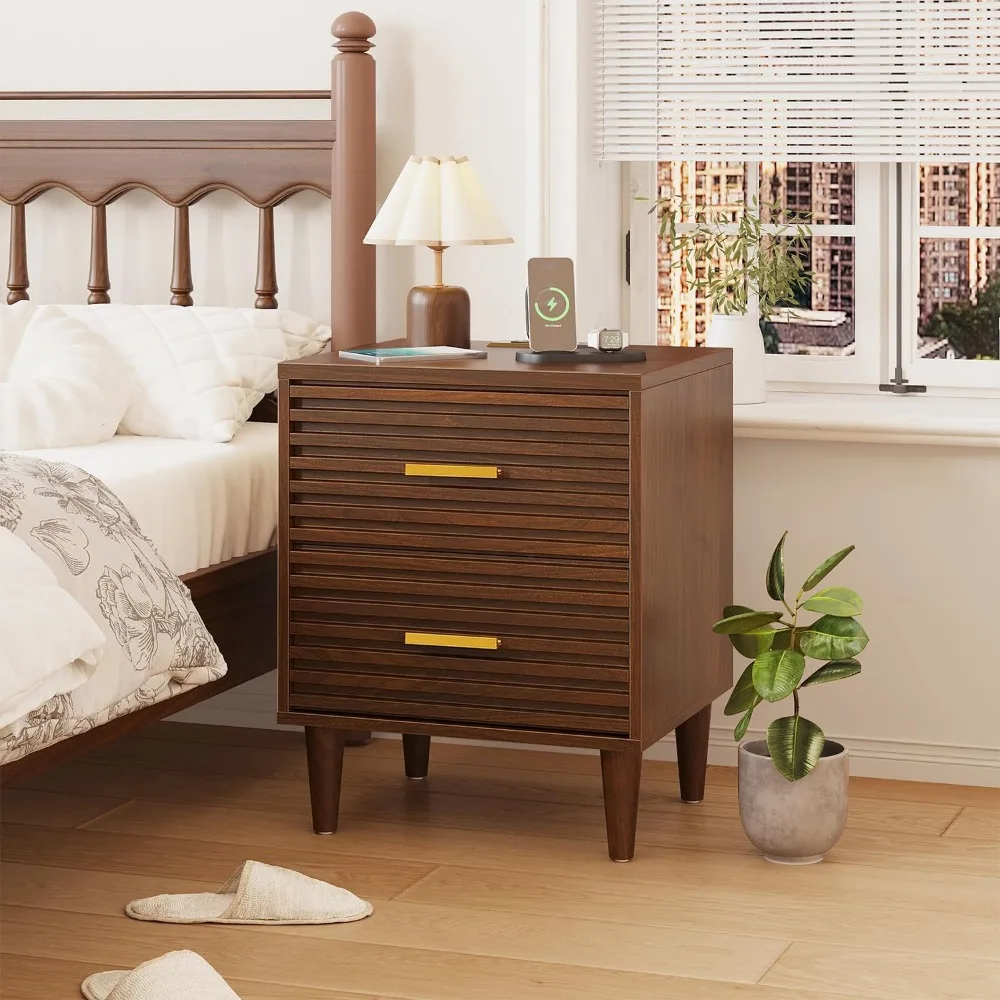 حوامل ليلية مع مجموعة محطة شحن مكونة من 2، طاولات ليلية حديثة لمنتصف القرن، طاولة بجانب السرير خشبية لغرفة النوم، طاولة نهائية مع مقاس S #4