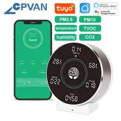 CPVAN 무선 와이파이 투야 6 인 1 공기질 모니터, PM2.5, PM10, TVOC, CO2, 온도 및 습도 디스플레이 화면, 공기질 감지기