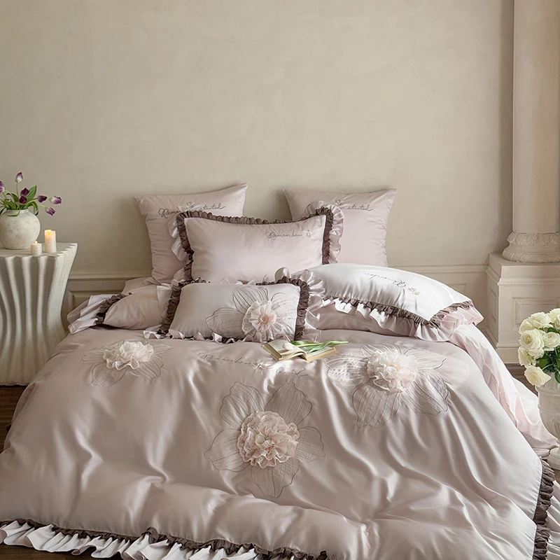 

Three-dimensional Handmade Lace Flower Embroidery Lyocell Cotton Bedding Set Duvet Cover Bed Sheet/Fitted Sheet Pillowcases 4Pcs