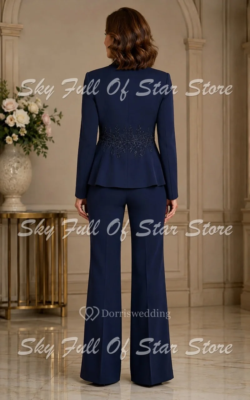 Navy Blue Women Suit Set 2 Pcs Crystal Beaded Peplum Blazer+Flare Pants Formal Mother Of Bride Wedding Evening Custom Lady Coat