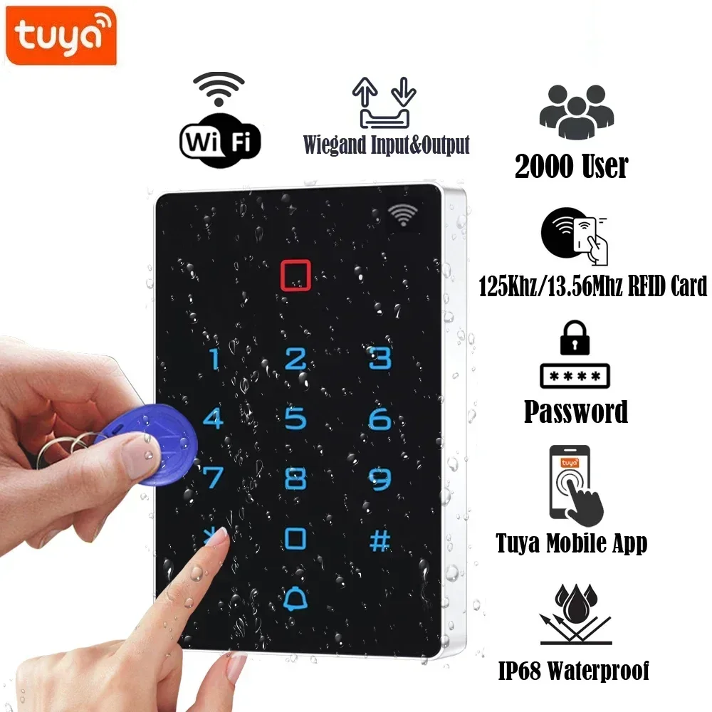 

WiFi Tuya App Backlight Touch 125khz RFID Card Access Control Card Reader Keypad WG26 Output Alarm Management Card Support