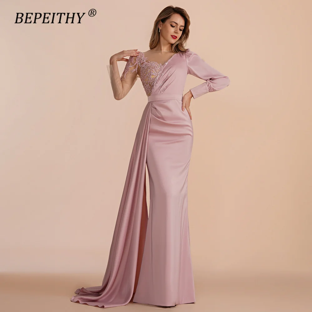 BEPEITHY Customized Muslim O Neck Mermaid Evening Formal Occasion Dresses 2023 For Women Full Sleeves Pleats Prom Party Gown New