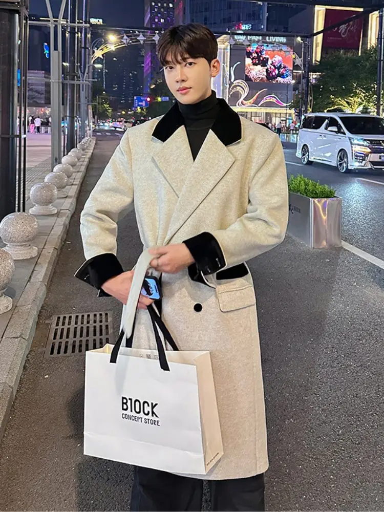 

Korean Sle Men's Woolen Coat Autumn Winter Long Sve Casual Faion Briti Sle Outerwear Warmth Comfortable Fit Coat