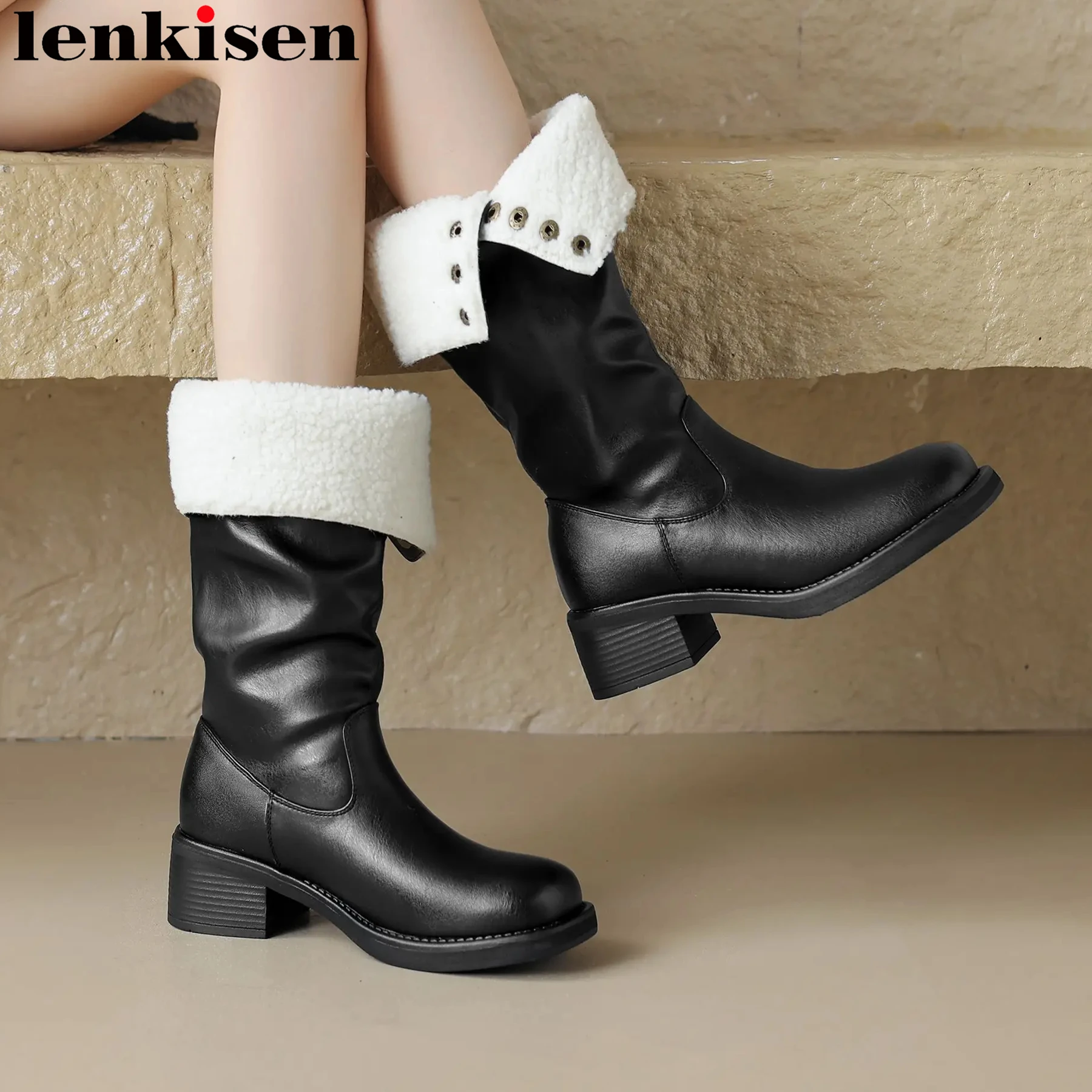 

Lenkisen Frost Resistant Cow Leather Fur Round Toe Med Heels Snow Boots Rivets Keep Warm Winter Vintage Brand Ins Mid-calf Boots