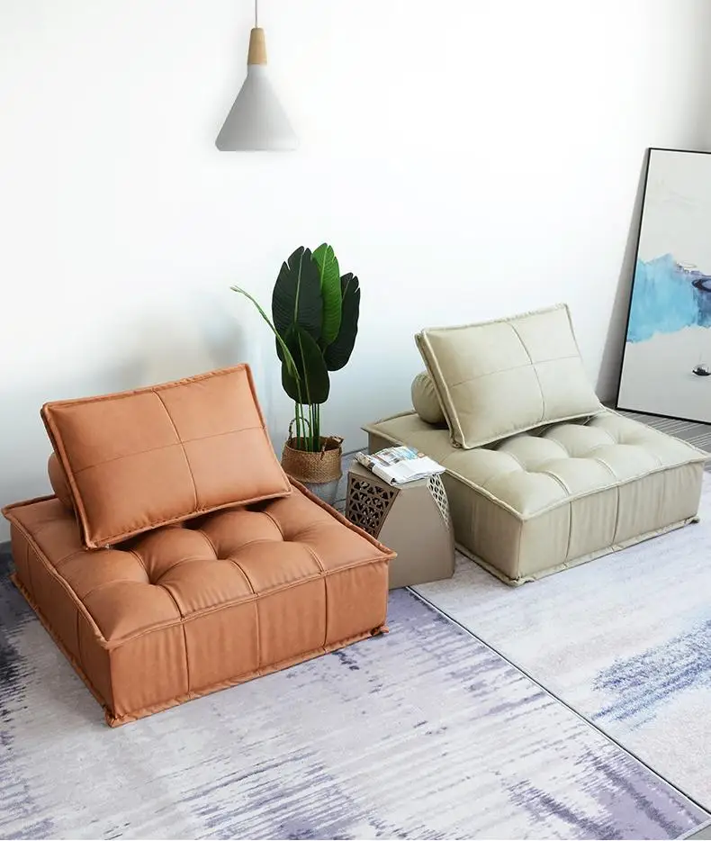 #￥Lazy Couch Modern Comfy Floor Corner Leisure PU Sofa with Lumbar Pillow Armless Accent Floor Chair Single Sofa for Living Room