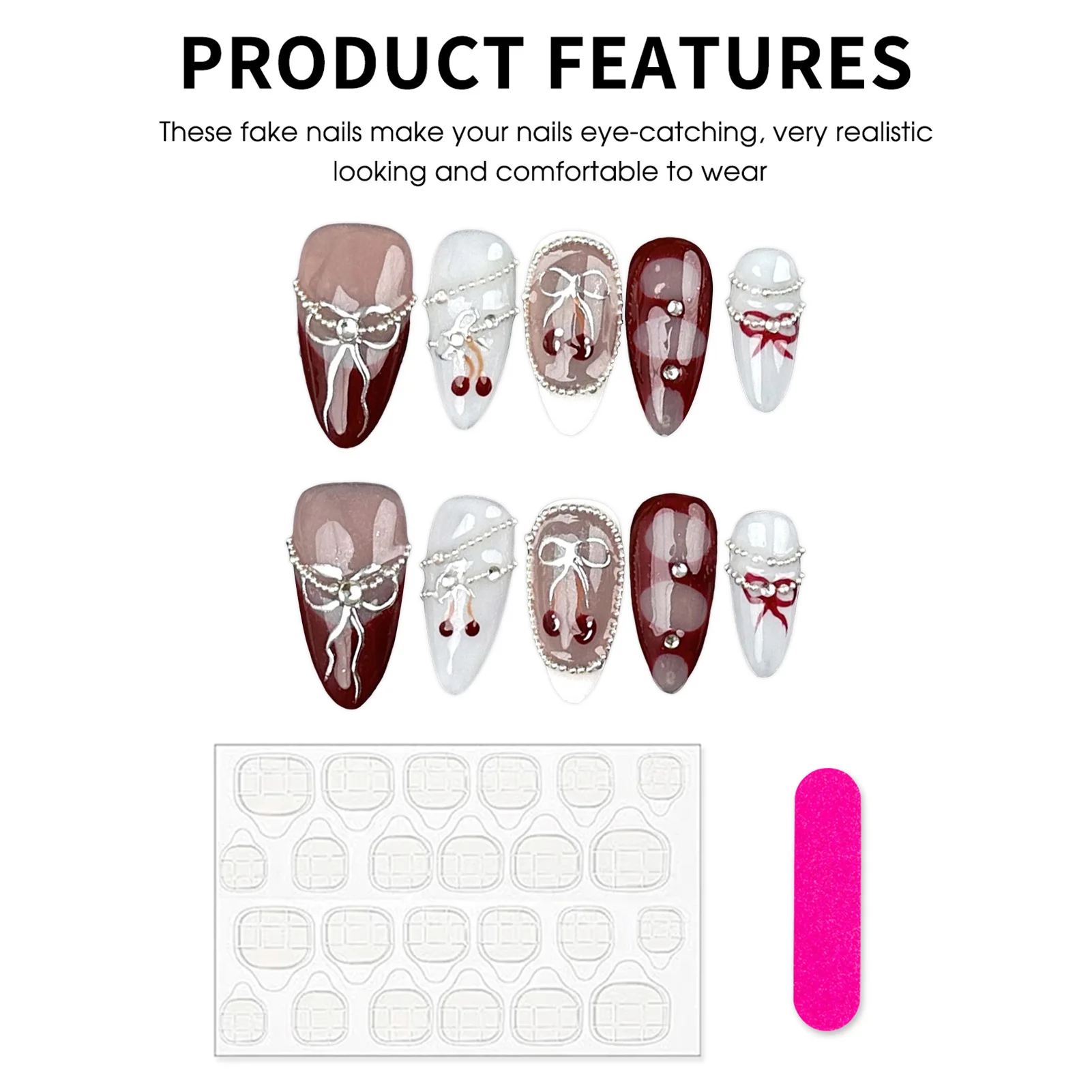 اليدوية الساحرة خمر الأظافر كاذبة النبيذ الأحمر الفرنسي تلميح اضغط على الأظافر اللوز الأظافر وهمية مع حجر الراين سلسلة فضية ديكور