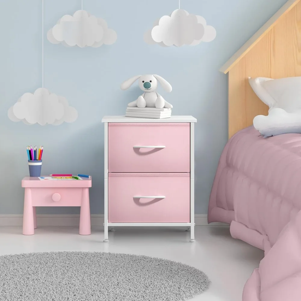 Nightstand with 2 Drawers - Kids Bedside Furniture End Table Night Stand - Steel Frame, Wood Top - Dresser & Chest for Home