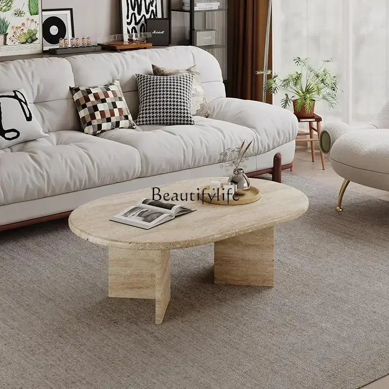 Living room natural travertine round coffee table wabi sabi retro modern simple luxury stone