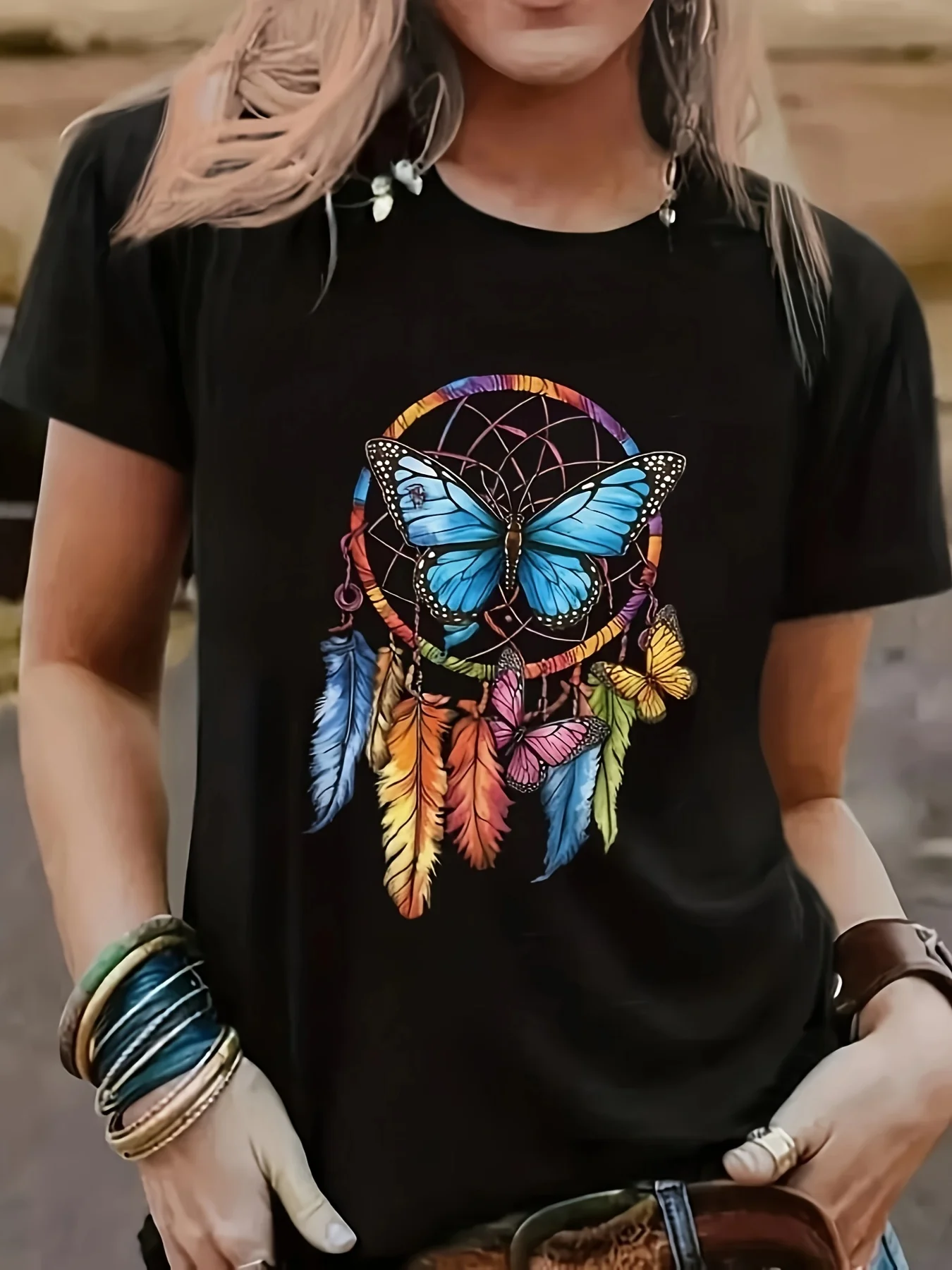 

Women's Casual Butterfly Dreamcatcher Graphic T-Shirt Vibrant Colorful Print Summer Short Sleeved Harajuku Streetwear Tops Tees